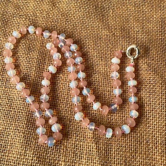 Necklace Opal & Pink Jade Stone Quartz hand made Knotted one of a kind New Beads - Picture 10 of 14